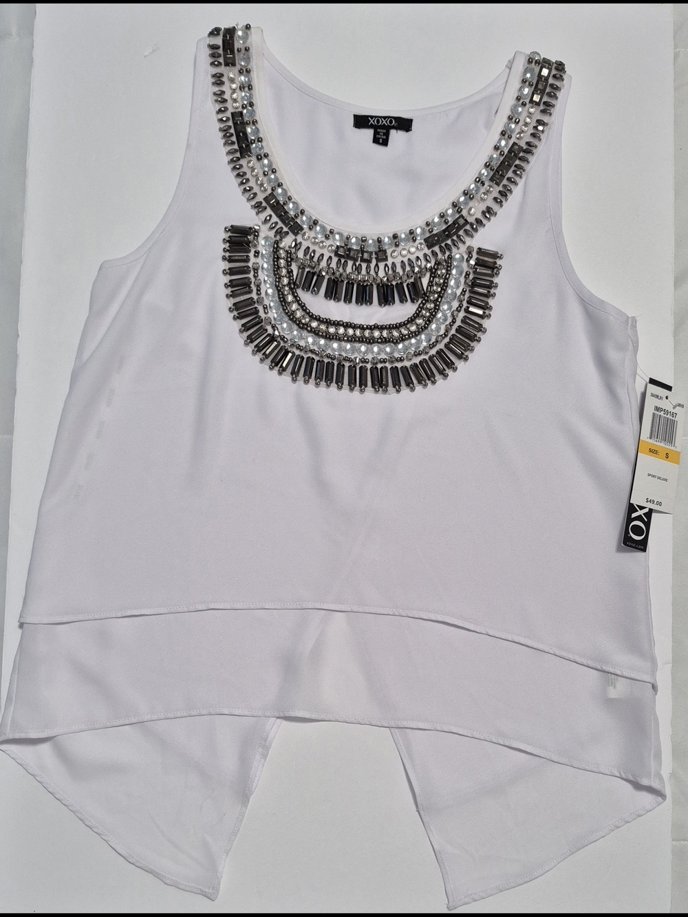 XOXO White Tank with Silver Beaded Neckline